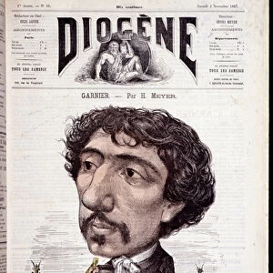 Cartoon of Charles Garnier, sitting on his work, the Opera Garnier - in "