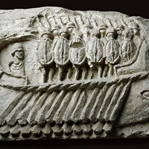Cast of a Roman bireme warship carrying armed soldiers (relief on rock)