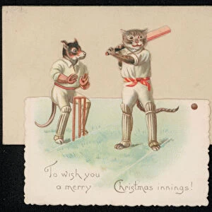 Cat and dog playing cricket, Christmas card (chromolitho)