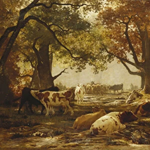 Cattle in a Wooded River Landscape, (oil on canvas)