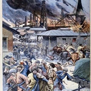 The Caucasus insurrection. Baku naphtha oil wells fire by revolts. Illustrated literary supplement of "Le petit parisien", 1905