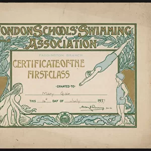 Certificate awarded by the Paddington branch of the London Schools Swimming Association, 1937 (colour litho)