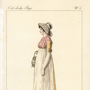 Chambermaid of Hamburg, Germany, 19th century. She carries a small basket or wicker basket and wears a check shawl and white apron. Handcoloured copperplate engraving by Georges Jacques Gatine after an illustration by Louis Marie Lante from Costumes