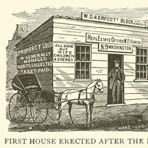 Chicago, first house erected after the fire (engraving)