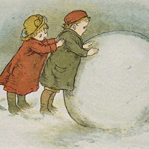 Children Rolling Snowballs (colour litho)