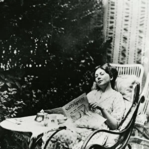 Christabel Pankhurst (1881-1969) reading a copy of The Suffragette c. 1905-14