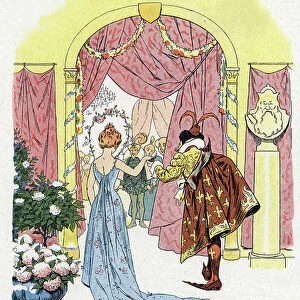Cinderella arrives at Henry Gerbault's Illustration Ball (1863-1930) for " Cinderella" tale by Charles Perrault (1628-1703)