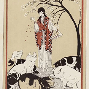 Circe feeding the companions of Odysseus after turning them into pigs (colour litho)