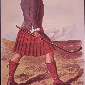 Clansman of Grant of Glenmoriston playing shinty (colour litho)