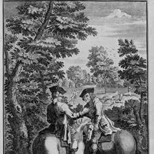 Claude Duval robbing Squire Roper, Master of the Buckhounds to King Charles II, in Windsor Forest (engraving)