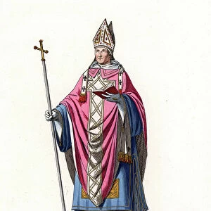 Clerical costume: un archveque du 14th century - Archbishop, 14th century - He wears a mitre decorated with gold, pink alb, blue dalmatic tunic, pink shoes - He holds a cross