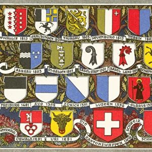 Coat of arms of various cantons of Switzerland (colour litho)