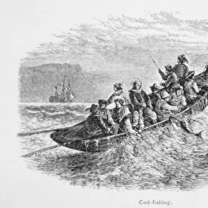Cod-fishing off Cape Cod, Massachusetts in the 18th century (litho)
