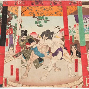 Combat de sumo devant Toyotomi Hideyoshi 1537-1598) et Kato Kiyomasa (1562-1611). Estampe de Utagawa Toyono bu (1859-1886), 1884 - Sumo performed before Hideyoshi and Kato Kiyemasa, by Toyonobu, Utagawa (1859-1886). Colour woodcut, 1884
