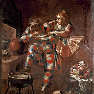 Commedia dell arte: the characters of Harlequin and Columbina, in a scene of lazzi