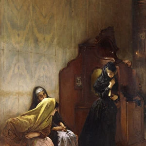 The Confession, (watercolour heightened with white on paper laid down on panel)
