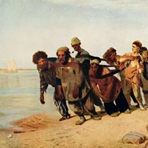 Convicts pulling a boat along the Volga River, Russia, 1873 (colour litho)