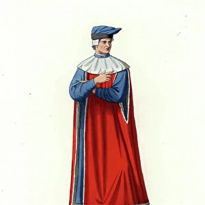 Costume d'un homme de la noblesse italian, 14th century - Costume of an Italian nobleman, 14th century - He wears a blue bonnet, a red cape with white collar trimmed with ermine over a blue robe - From a miniature in a 14th century manuscript in