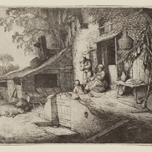 By the Cottage Door - The Spinner, 1652 (etching)