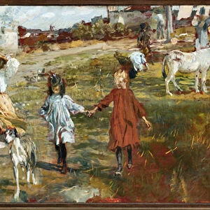 Country landscape with children and dog, a donkey by the river (oil on canvas