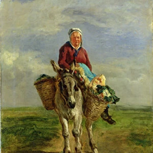 Country Woman Riding a Donkey (oil on canvas)