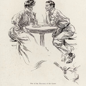 Couple having a drink after a tennis game (colour litho)