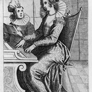 A courtesan in elegant dress playing the piano. Engraving by Giacomo Franco (1550-1620