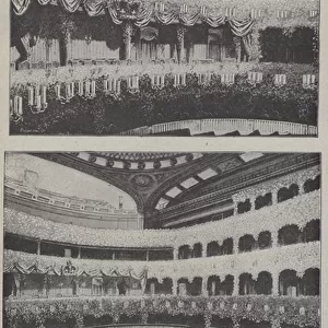 Covent Garden Theatre decorated for the gala performance in celebration of Queen Victorias Jubilee, at a cost of £1, 755 (b / w photo)