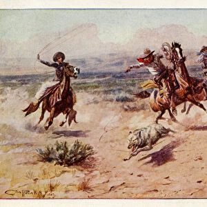 Cowboys chasing a prairie wolf
