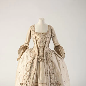 Cream striped and figured woven silk robe a la francaise, 1770s (silk)