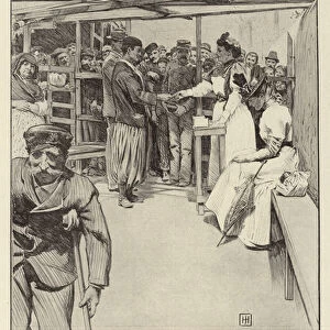 Cretan Refugees in Athens receiving Food Tickets (litho)