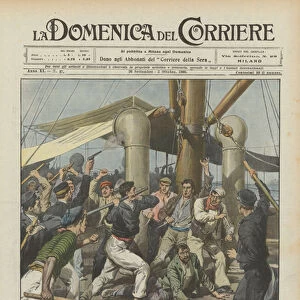 Five criminals attack a steamer, in the middle of the day, in the port of Palermo (colour litho)