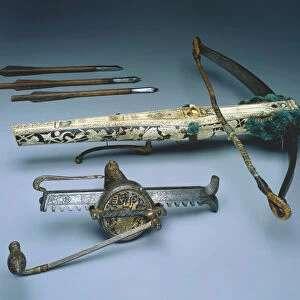 Crossbow of Elector Augustus I of Saxony with winding mechanism and three bolts, c