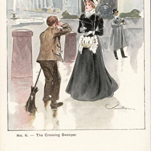 Crossing sweeper with a woman in Trafalgar Square, London (colour litho)