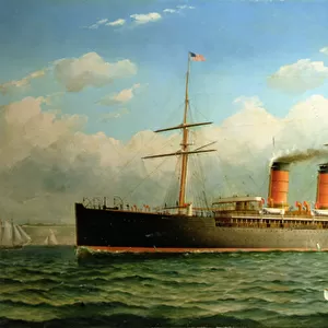 The Cunard Liner R. M. S. Umbria off Brooklyn Heights, on the East River, New York, 1885 (oil on canvas)