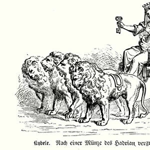 Cybele, Ancient Greek goddess, in her chariot pulled by lions (engraving)