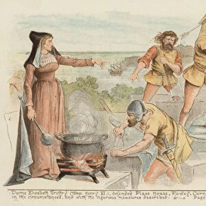 Dame Elizabeth Treffry defending Place House, Fowey, Cornwall against the French, 1475 (colour litho)