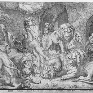 Daniel in the lions den (engraving) (b / w photo)