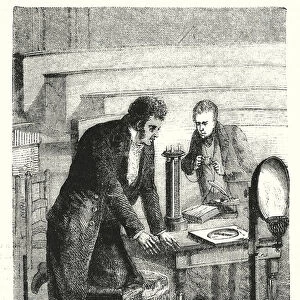 Danish physicist Hans Christian Oersted discovering electromagnetism, 1820 (engraving)