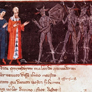 Dante and Virgil speak with Malacoda, leader of the Malebranche squadrons