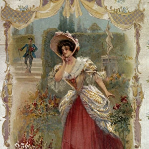 The date A young woman is waiting for her fiance. Lithography of the 19th century Paris