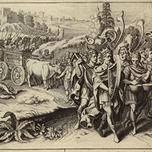 David taking the Ark of the Covenant to Jerusalem (engraving)