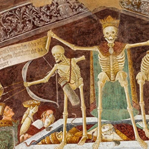 Death standing on a sarcophagus where the dead Pope and the Emperor lie, detail from the Triumph of Death and Dance of Death, 1485 (fresco)