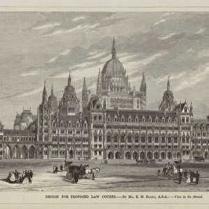Design for Proposed Law Courts, by Mr E M Barry, ARA, View in the Strand (engraving)