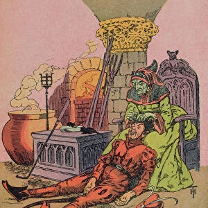 The devils mother pulling the golden hairs from her sons head, illustration for the Grimm fairy tale of The Devil and the Three Golden Hairs, 1948 (colour litho)