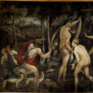 Diane (Artemis), goddess of hunting, and Acteon, hunter Painting of the School of