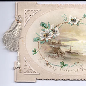 A die-cut Edwardian New Year Card of a cottage and boat, circa 1910 (coloured lithograph)
