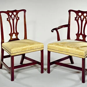 Dining chairs, with interlaced splat backs and square chamfered legs, c. 1760 (mahogany)