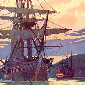 Discovery and Resolution, Captain James Cook (colour litho)