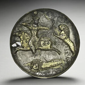 Dish: King Hormizd II or Hormizd III Hunting Lions, 400-600 (silver gilt)